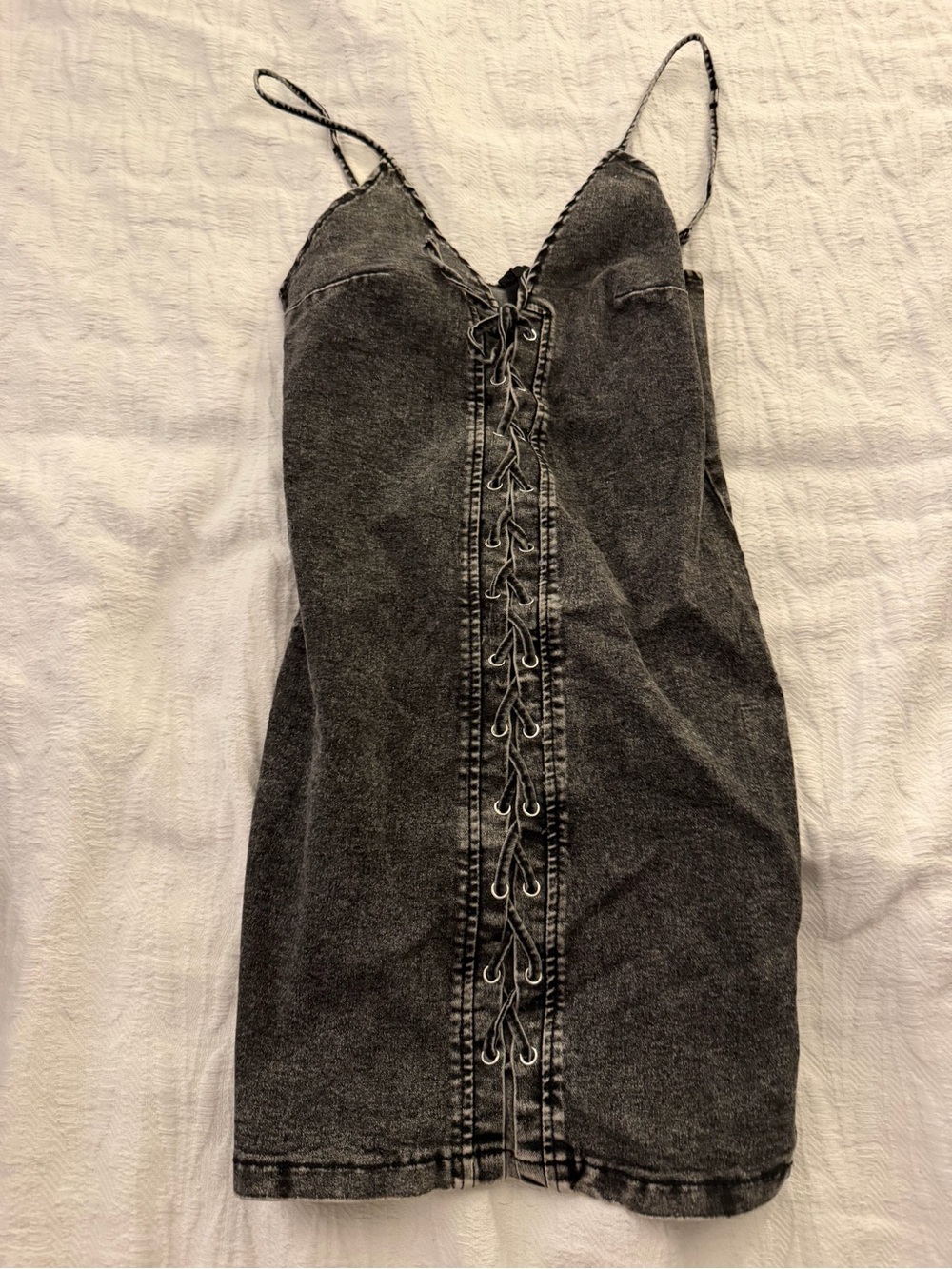 Spaghetti Strap Washed Black Denim Mini Dress